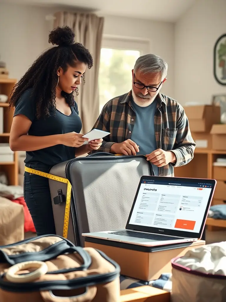 A diverse college student and parent reviewing a checklist and measuring a suitcase in a bright dorm room, with a laptop open to a shipping form, emphasizing preparation and attention to detail.