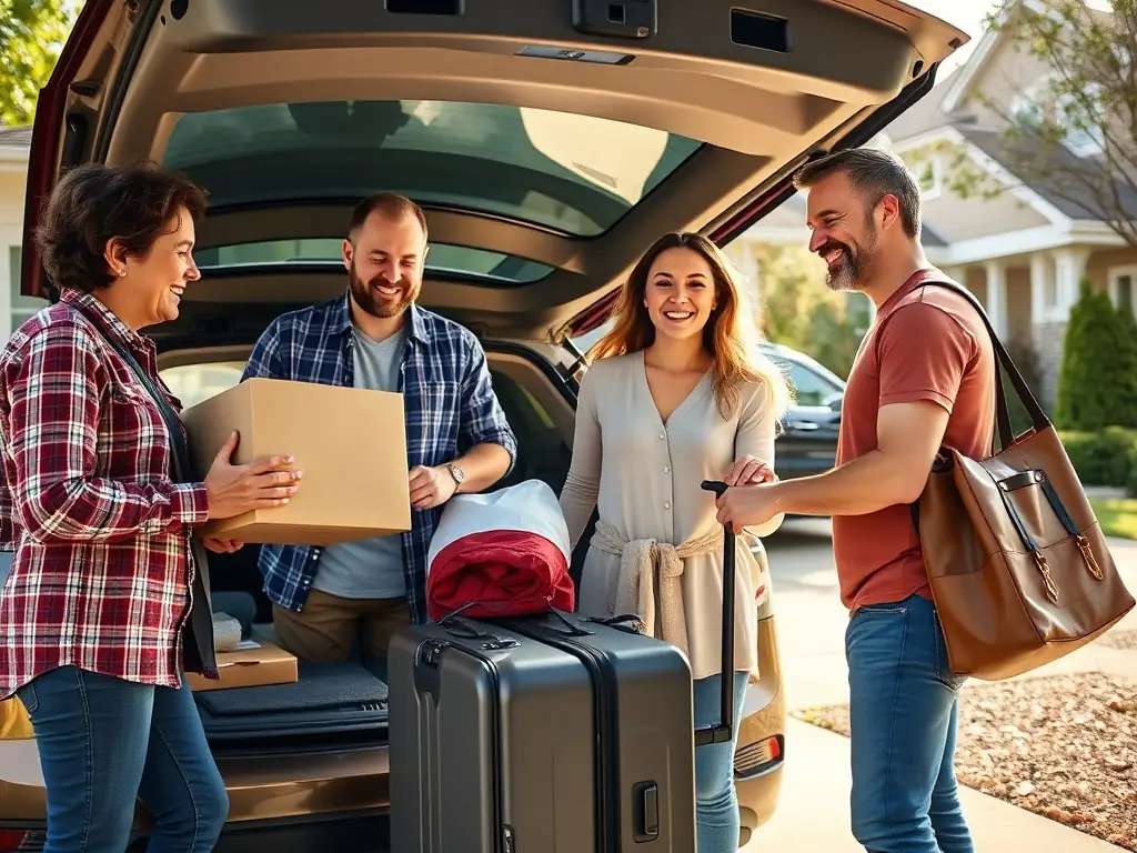 A realistic photo of two parents, one holding a box and the other helping a college-age student zip a suitcase, all smiling together in a driveway with a car trunk open and packed with dorm items.