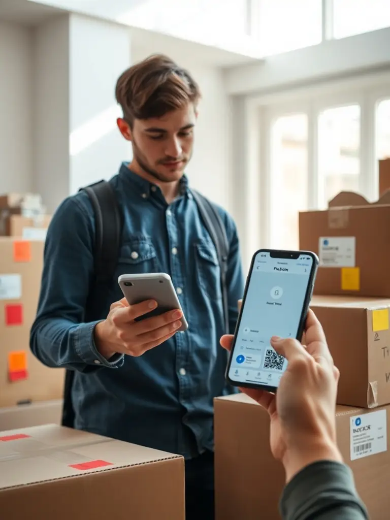 A student labeling boxes with color-coded stickers and scanning a QR code, surrounded by organized packing materials and a visible tracking app on a smartphone.