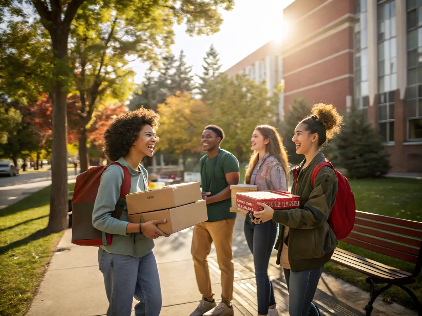 A student and family walking confidently through a campus entrance with just a backpack, smiling and relaxed, while boxes are shipped ahead.