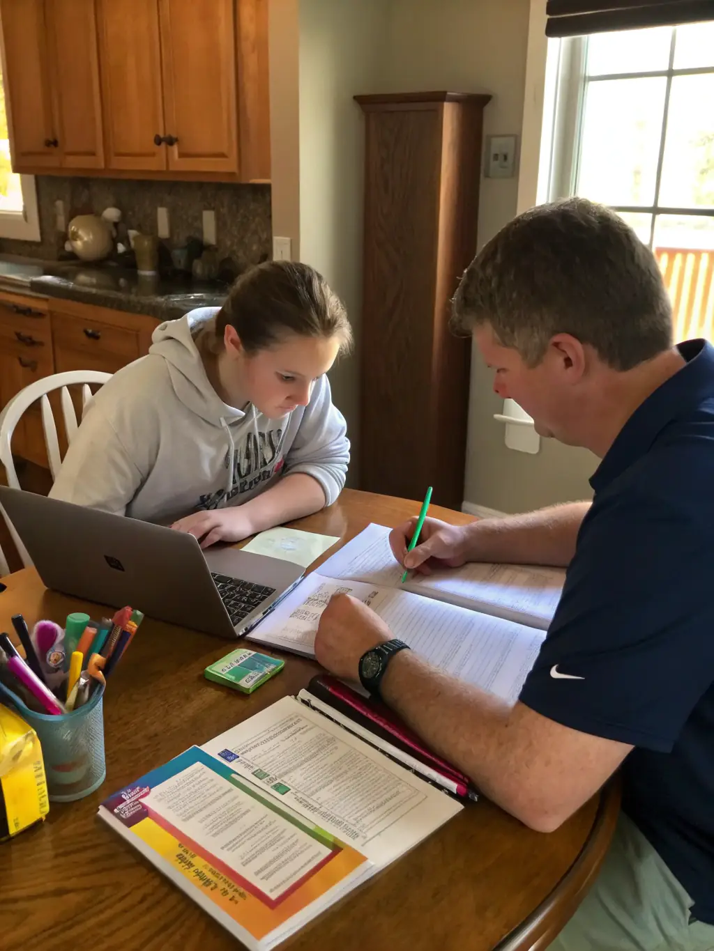 A student and parent reviewing a printed shipping estimate and instruction sheet together, with labeled boxes and packing materials on the floor.