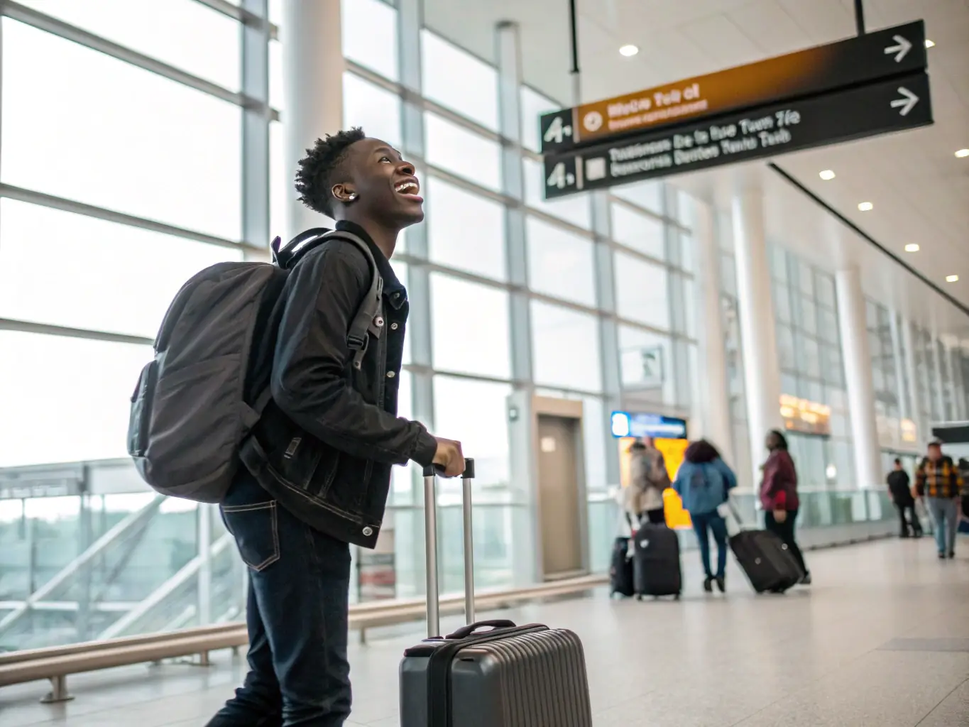 A realistic image of an international student, possibly of Asian or African descent, standing with a suitcase and a box labeled with a shipping tag, smiling outside a university building with flags in the background.