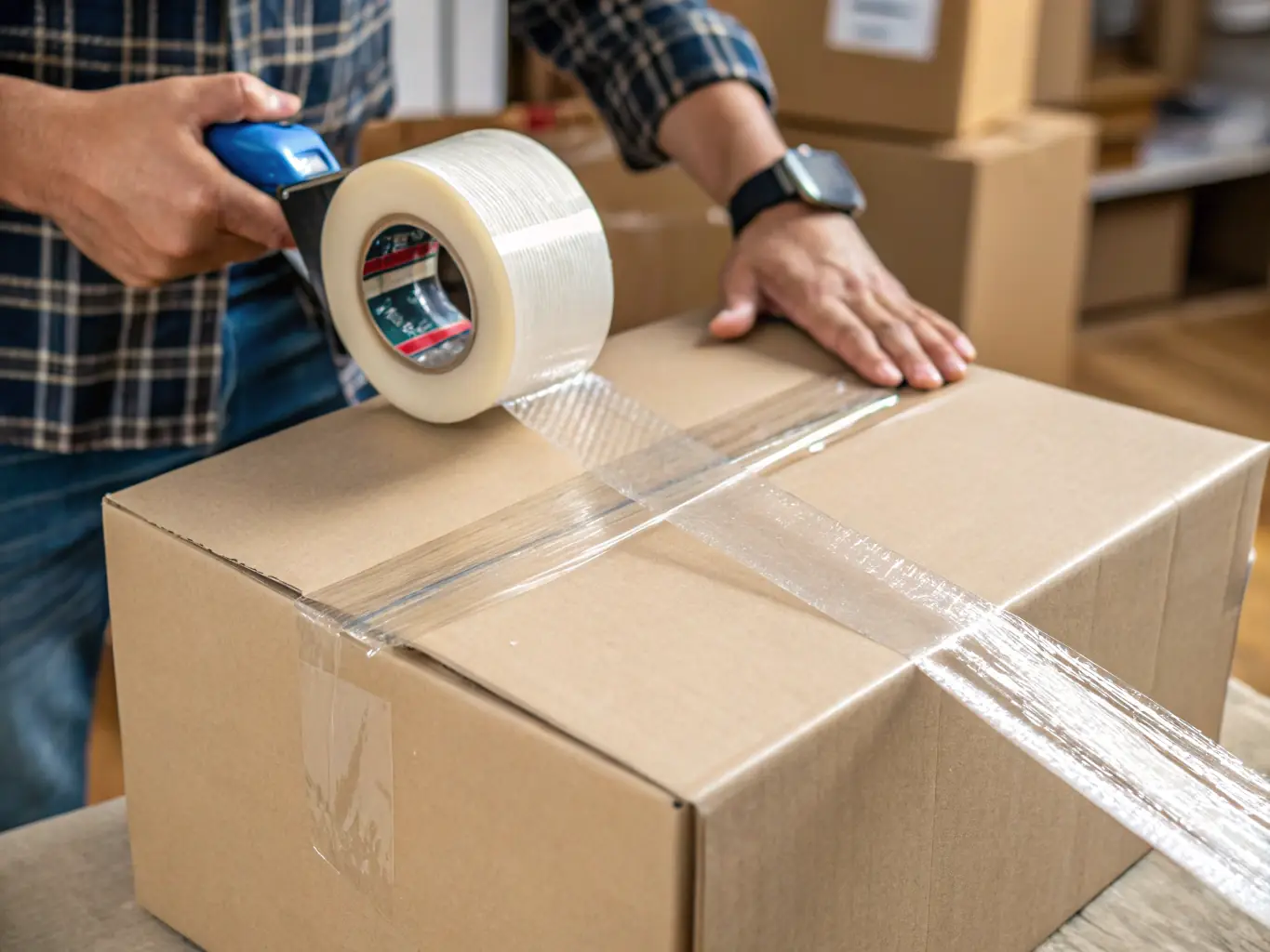 A cheerful student taping up a labeled box at home, with a stack of packed suitcases and boxes ready for pickup, and a StudentShip-branded label clearly visible.
