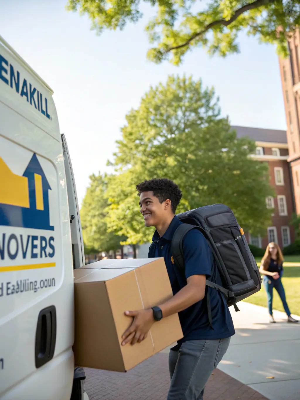 A parcel carrier picking up labeled boxes from a college dorm lobby, with a student handing over the last box and waving goodbye.