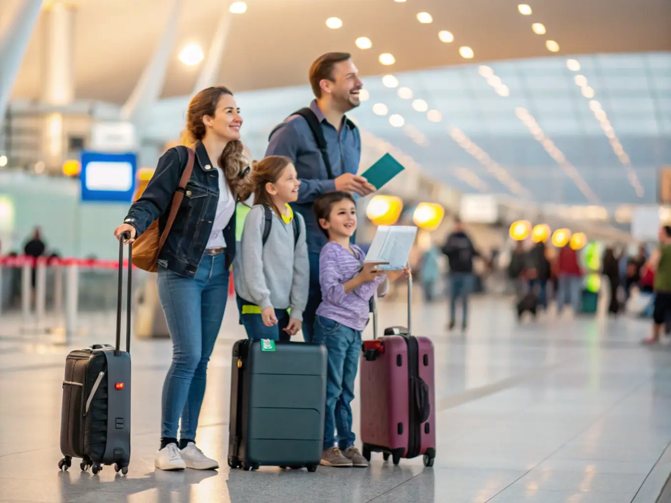 A student and parent struggling to carry multiple heavy suitcases and boxes through a busy airport terminal, looking tired and stressed.
