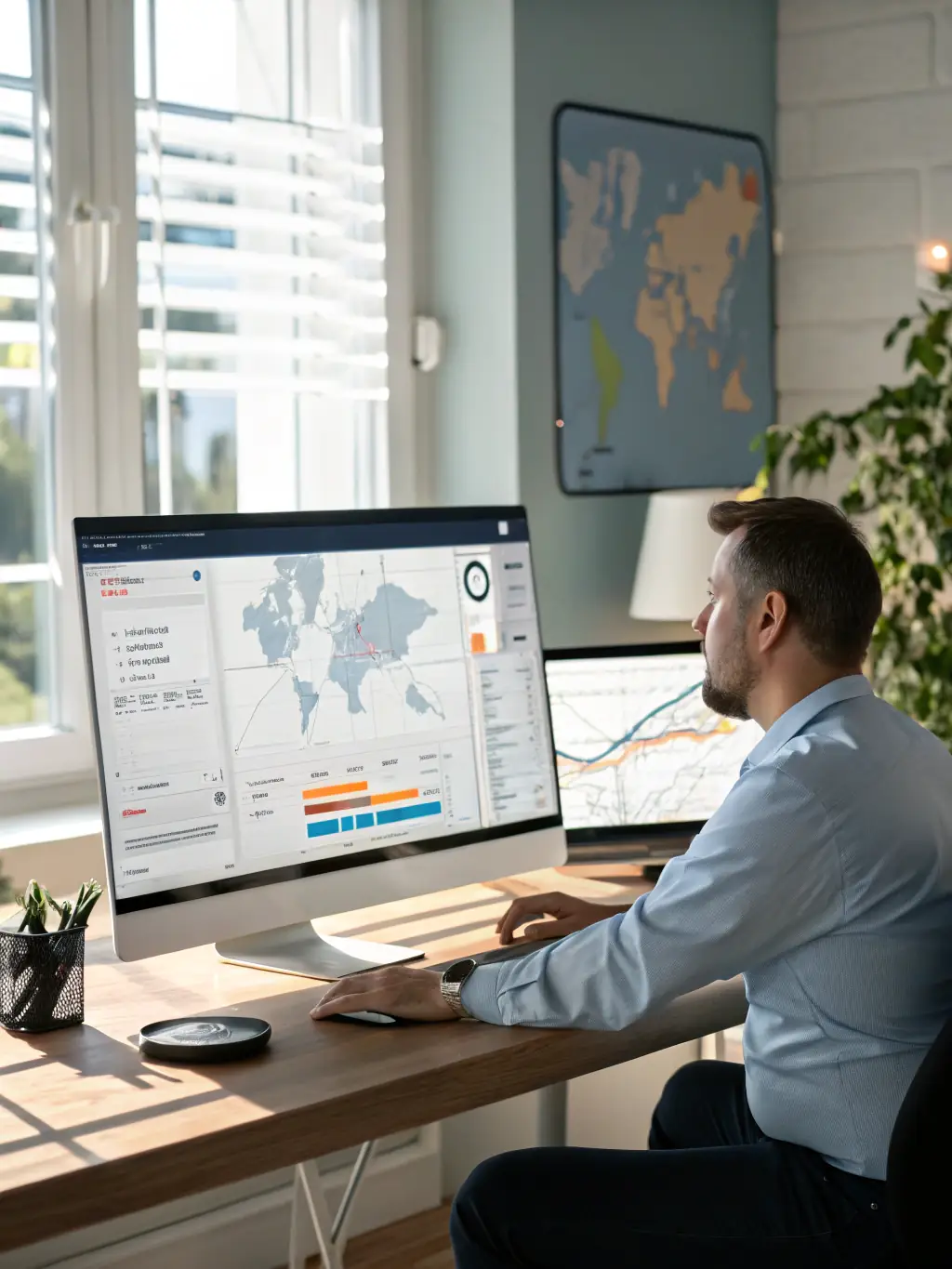 A calendar, clock, and shipping van overlayed with a transparent checklist, showing a student reviewing final details with a StudentShip agent in a modern office.