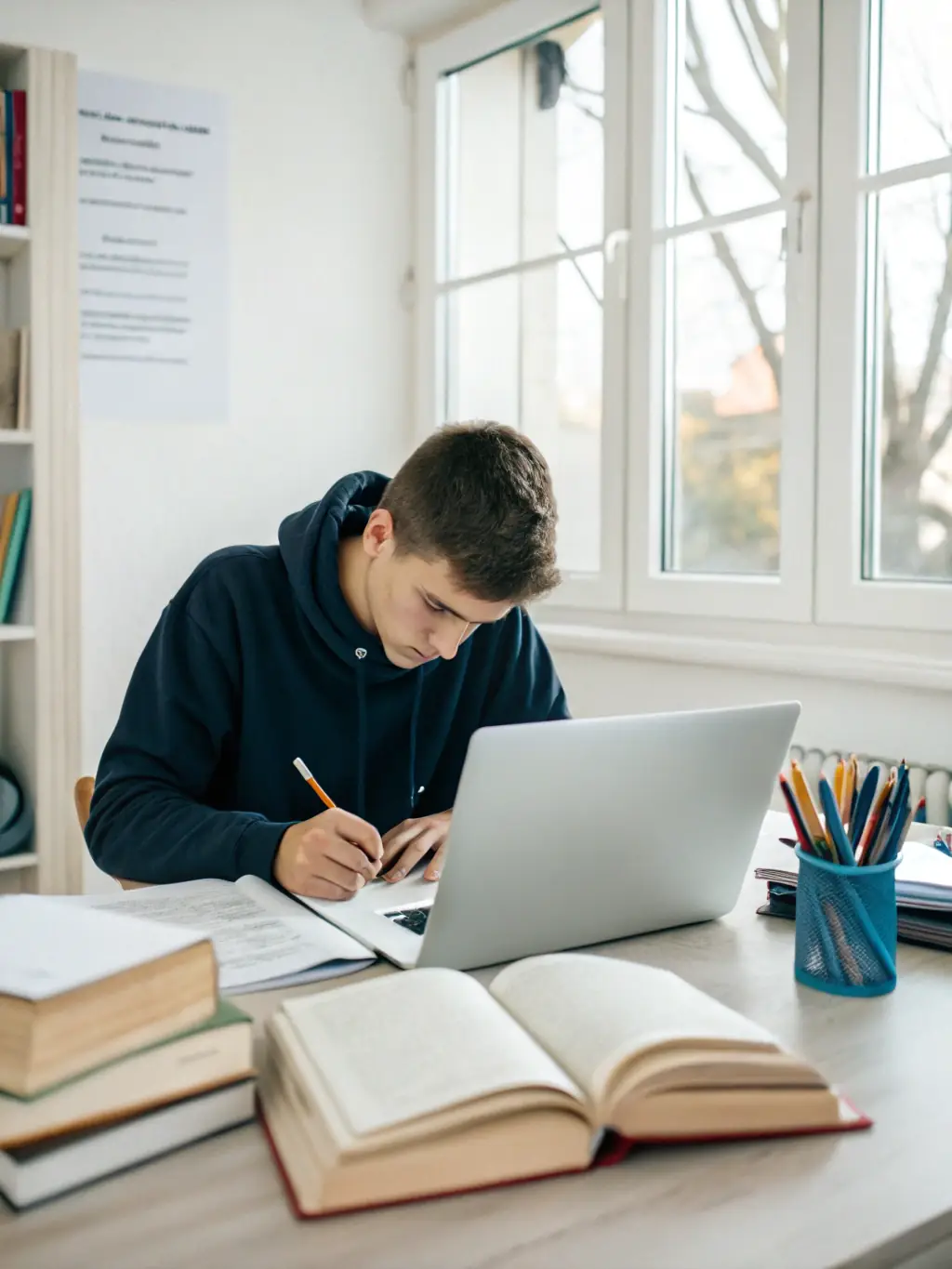 A college student sitting at a desk, using a laptop to fill out a shipping form, surrounded by moving boxes and dorm room items, in a bright, organized room.