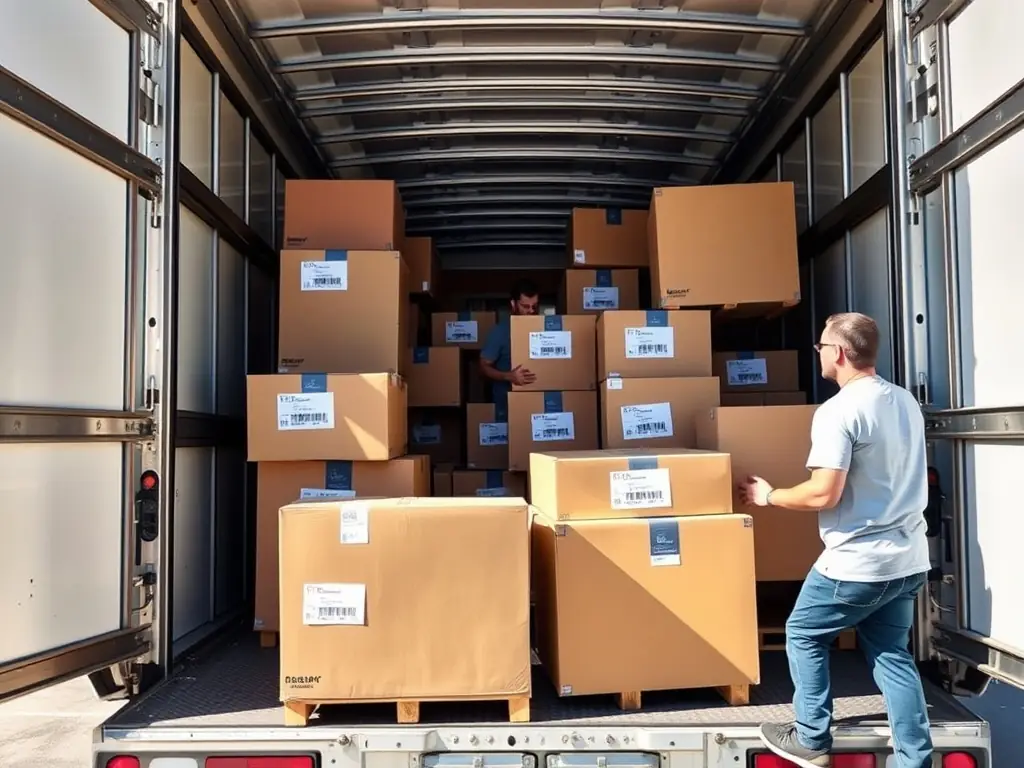 A college student and parent loading labeled boxes into a parcel carrier van outside a campus dormitory, with suitcases and backpacks nearby, on a sunny day.