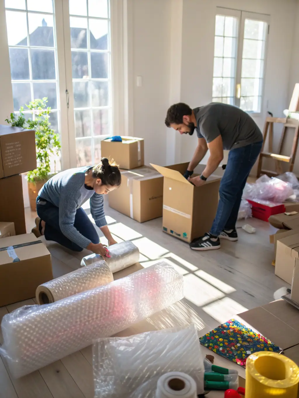A student carefully packing books and clothes into a sturdy box, attaching a StudentShip-branded shipping label, with tape and markers nearby.