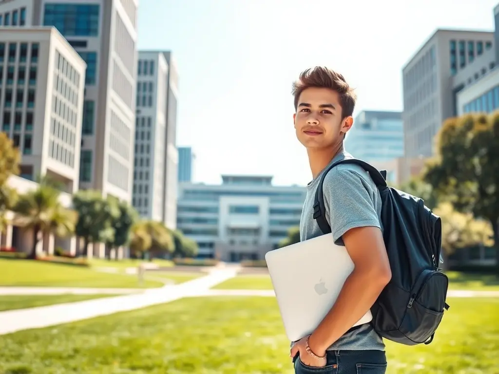 A realistic image of a student walking through an airport with just a backpack, while a courier loads boxes labeled for StudentShip into a delivery van outside a campus building.