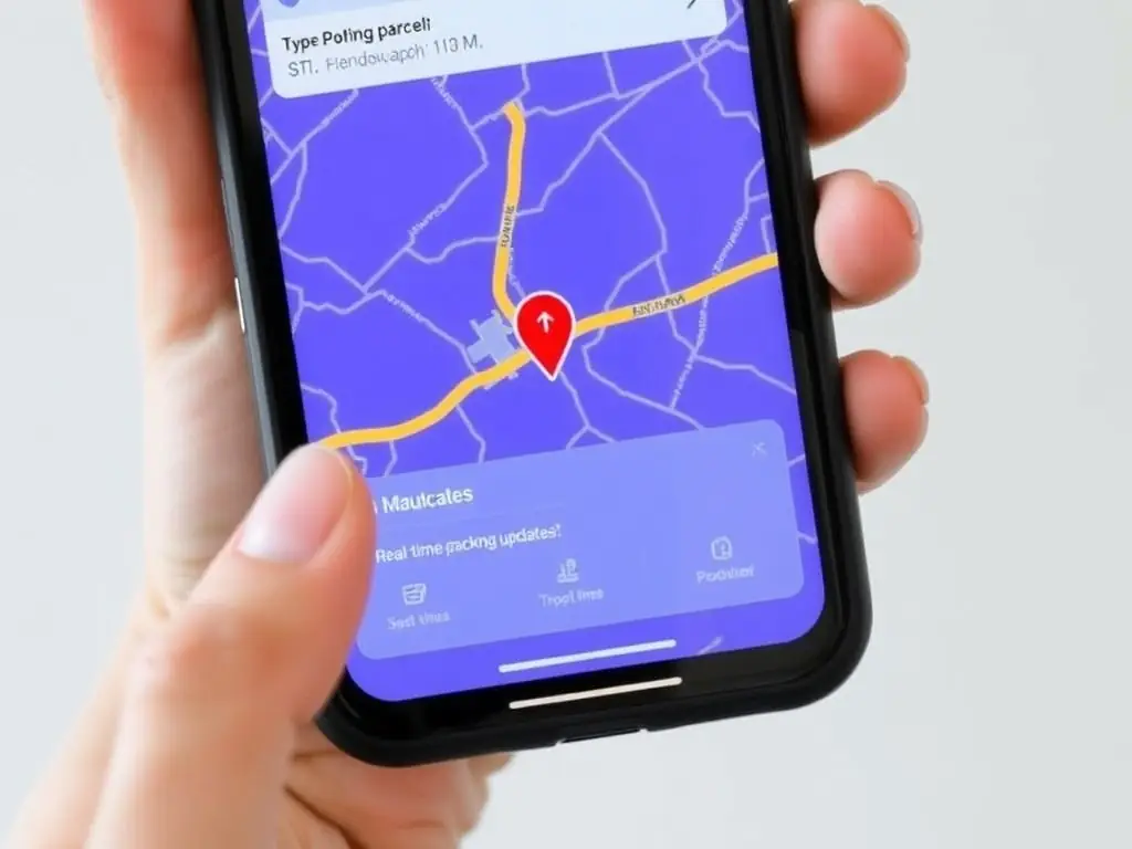 A smartphone screen showing a parcel tracking map and status updates, held by a student in a college common area, with friends and backpacks in the background.