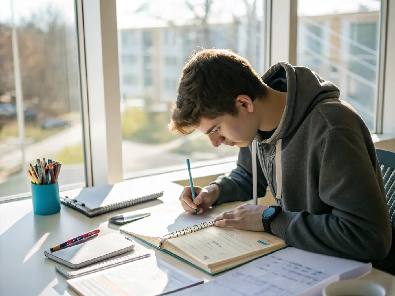 A student sitting at a desk, reading clear printed packing instructions and labeling a box, with packing tape and markers visible, in a bright dorm room.