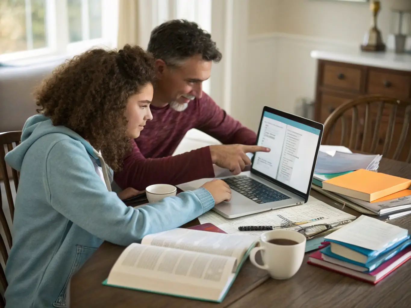 A student and parent reviewing a shipping estimate on a laptop at a kitchen table, with printed instructions and shipping labels visible, and packed boxes ready for shipment nearby.
